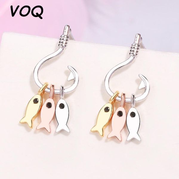 

stud voq 925 sterling silver ins cute fish tassel and hook earrings for women girl gift, Golden;silver
