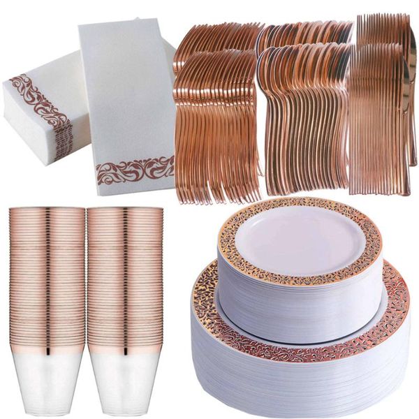 

disposable dinnerware 350 pieces rose gold silver coated rim set 50 guests, inc. plastic cups plate forks knives spoons napkins