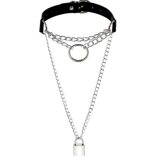 

chokers multilayer gothic lock necklace round on neck buckle punk choker collar padlock pendant necklaces chain women femme jewelry, Golden;silver