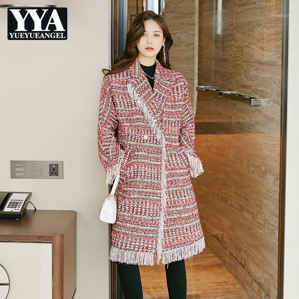 

style weave tweed coat women elegant fashion medium long tassel jacket england red plaid straight outwear female s-l women's wool & ble, Black