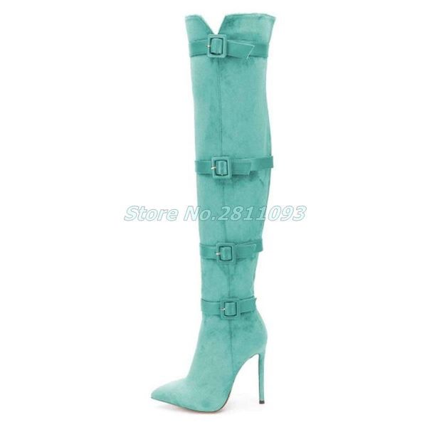 

boots turquoise buckle pointy toe stiletto heel suede long over the knee zipper pointed solid fashon winter, Black