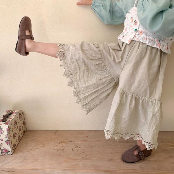 

trousers girls solid color fashion hollow wide-legged pants 2021 spring children lace cotton art loose, Blue