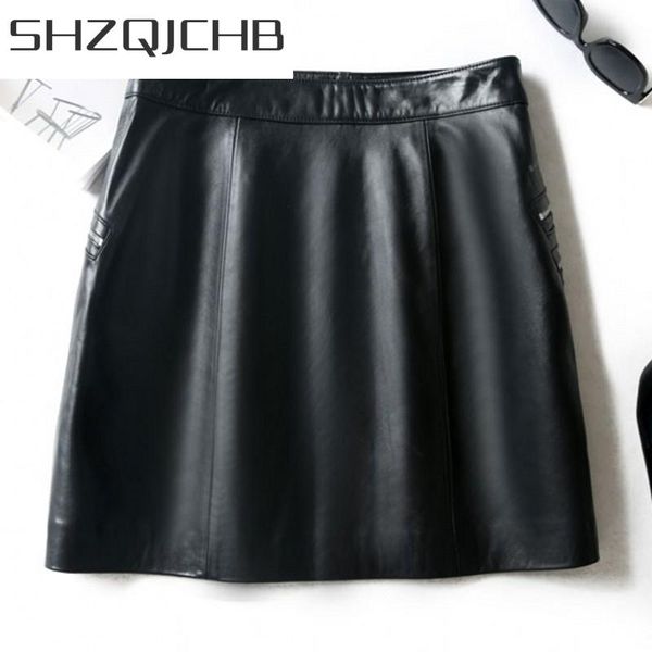 

skirts jchb 2021 luxury lady genuine leather short fashion solid zipper waist wrap elegant slim fit a-l, Black