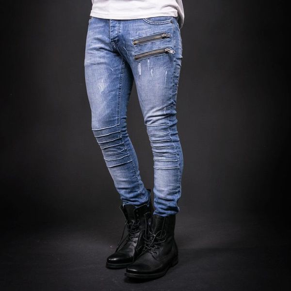 

denim jeans men stylish ripped pants biker slim straight frayed trousers fashion skinny men's, Blue