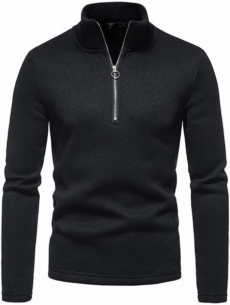 

men's quarter zip up pullover casual winter warm long sleeve solid color slim fit polo sweatshirt i1kn#, Black