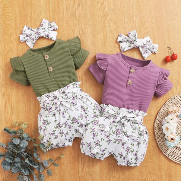 

summer born baby girls clothes princess ruffle romper floral shorts purple toddler outfit clothing sets, White