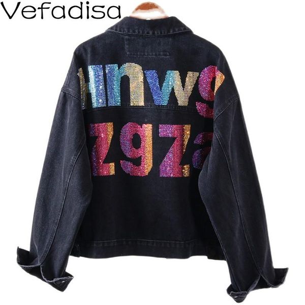 

vefadisa black blue spring diamonds denim jacket women 2021 est letter print short coat streetwear loose qyf4134 women's jackets, Black;brown
