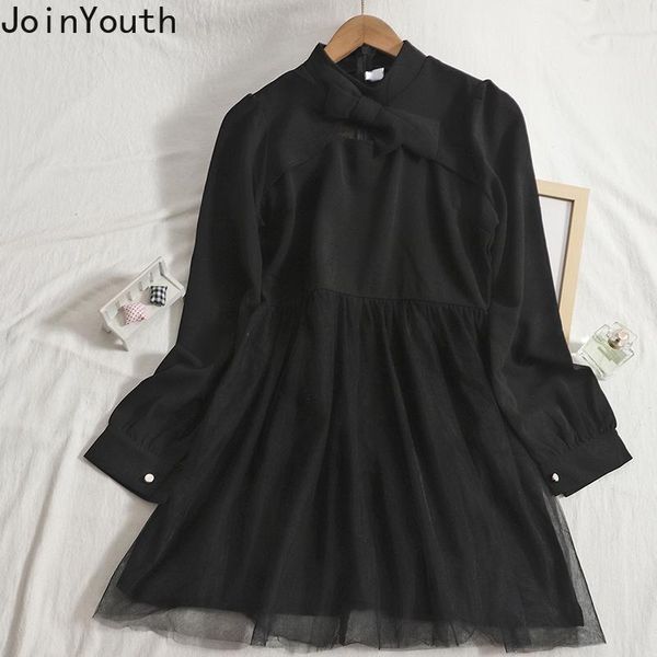 

casual dresses joinyouth korean fashion mini dress women 2021 autumn patchwork fluffy gauze vestidos solid bow temperament loose waist, Black;gray
