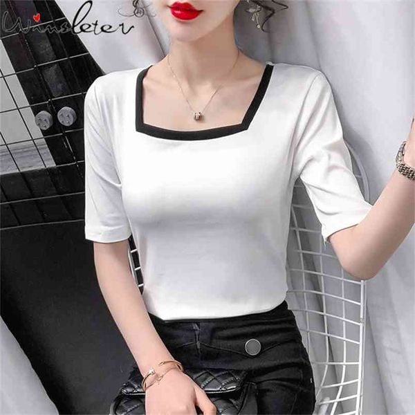

summer korean style cotton elastic t-shirt fashion skew collar loose women short sleeve bordered tees t14103a 210421, Black;gray