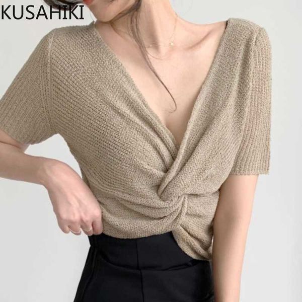 

kusahiki chic cross women knitwear summer short sleeve v-neck knitted korean solid jumpers 6h705 210602, White;black