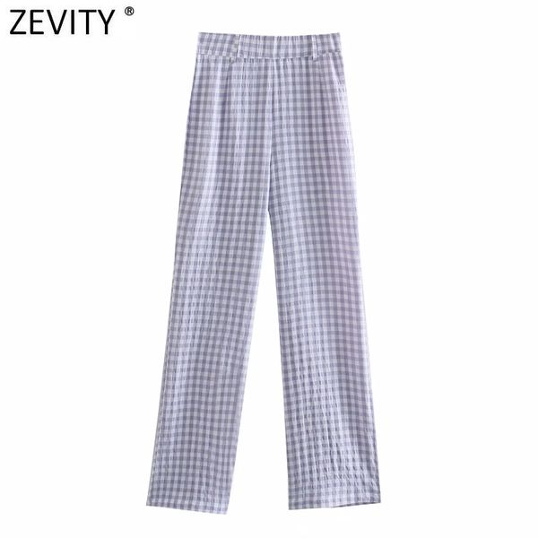 

zevity women vintage plaid print casual straight pants retro female side zipper pantalones mujer chic long trousers p1033 210419, Black;white