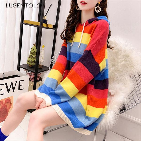 

lugentolo women sweet sweater lazy hooded loose rainbow colors spring autumn long-sleeved lady casual fashion sweaters women's, White;black