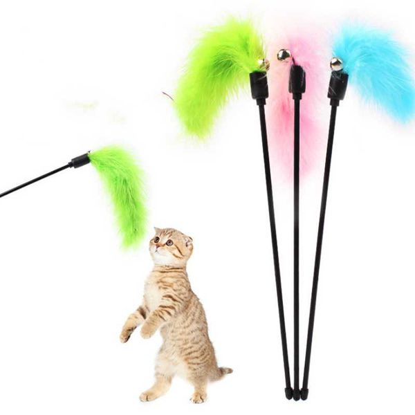 

cat toys colorful turkey feathers tease stick interactive pet toy funny