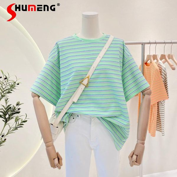 

women's t-shirt 2021 summer contrast color striped loose female round neck short sleeve women korean-style ins fashion tee, White