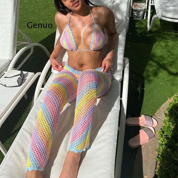 

hand crochet bikini set cover up deep v neck and long pants 2 piece women beach swimwear swimsuit suit women's, White;black