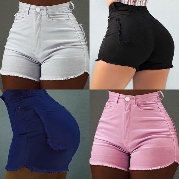 

women's shorts summer pants solid color slim jean burst pocket fashion fur-rimmed jeans, White;black