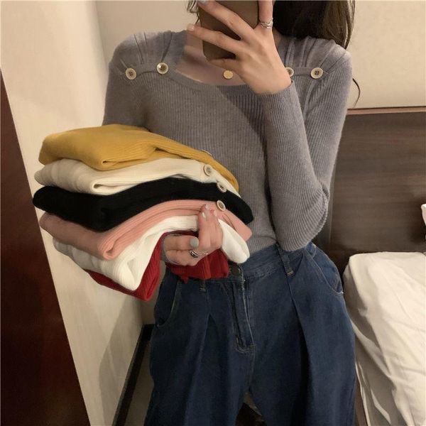 

women's sweaters casual 2021 autumn winter women thick sweater pullovers long sleeve button chic female slim knit soft jumper, White;black