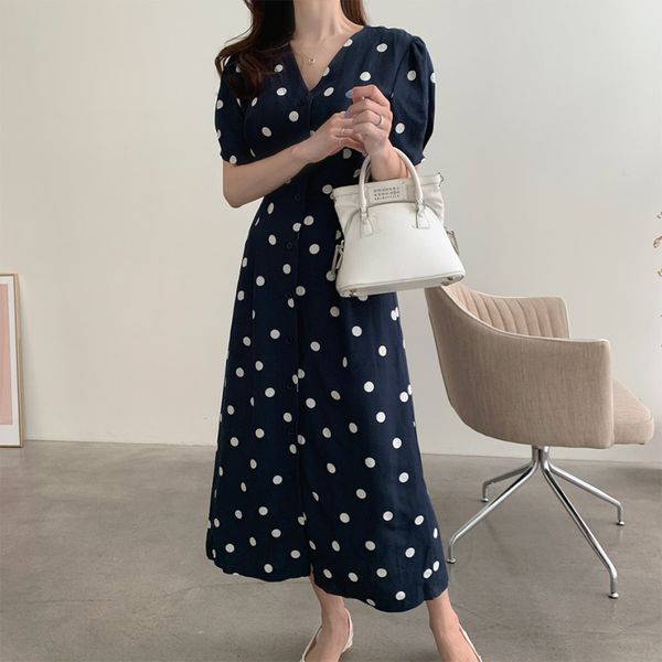 

vintage summer dress women ol elegant v-neck short sleeve office lady dot print work dresses female vestidos 210421, Black;gray