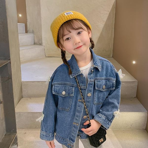 

jackets baby girls autumn fall clothes children's denim fashion mesh bow cute coats kids princess korean clothing for 2-6 years, Blue;gray