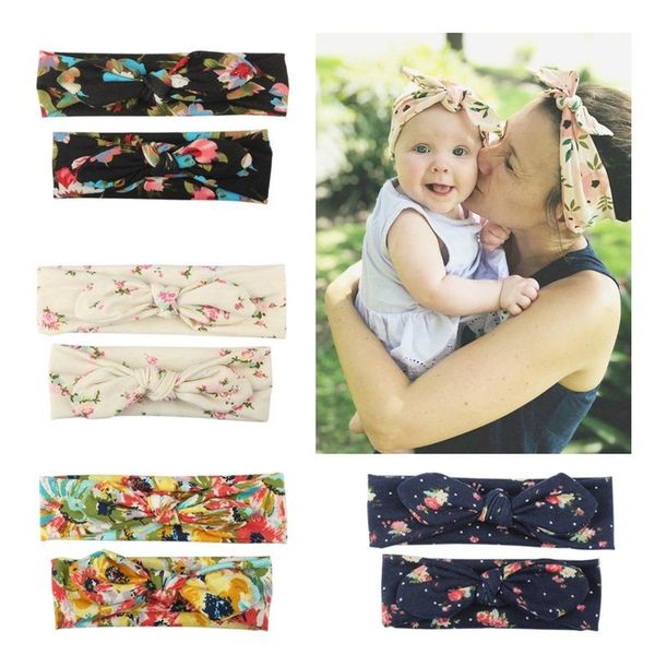 

hair accessories 2pcs parent-child print headbands mother baby turban mom daughter ears hairband floral headwear, Slivery;white