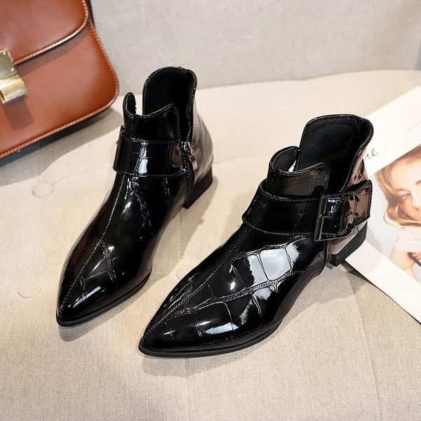 

boots comemore women 2021 retro leather shoes spring low heel shiny pointed toe women's ankle zapatos de mujer, Black