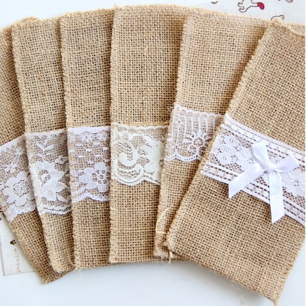 Andere Hochzeitsbevorzugungen Sackleinen Castlery Halter Vintage Shabby Chic Jute Lace TableWares Beutel Verpackung Gabel Messertasche Textilien