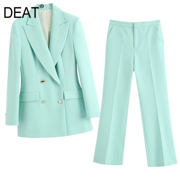 

[deat] double breasted chic autumn handsome casual suit coat + high waist wide leg pants mop pants women's suit 13t810 211007, White