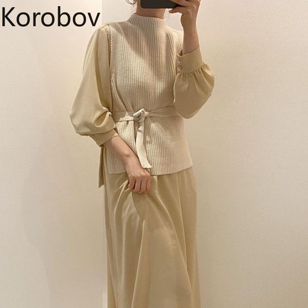 

women's tracksuits korobov autumn women sets arrival korean chic lattern sleeve dress and sleeveless vest feamle suits office lady outf, Gray