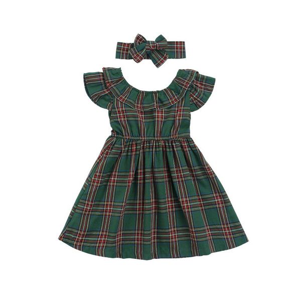 

girl's dresses 2021 1-6y sweet toddler baby girls summer dress green plaid print ruffle short sleeve bow tunic pleated dress+headband 2, Red;yellow