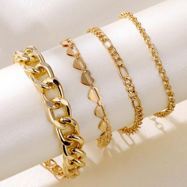 

link, chain 4 pcs/set punk gold tassel thick bracelet female bohemian geometric layered set jewelry girl party gift, Black