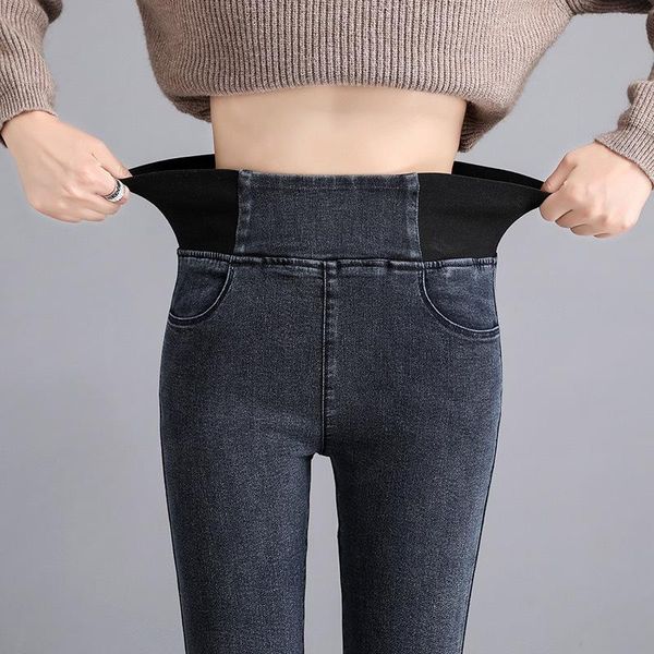 

women's pants & capris woman fall blue denim pencil stretch waist women basic jeans plus size 26-34 slim skinny high, Black;white