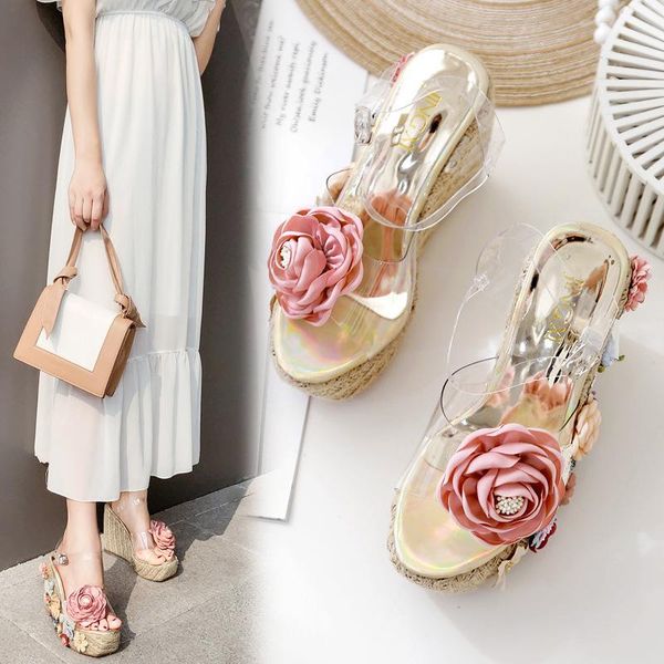 

dress shoes 2021 summer women trabsparent wedges sandals female flower appliques ladies fashion casual holiday, Black