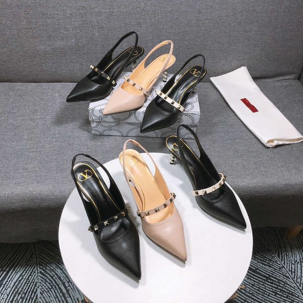 

2021 vt high heeled sandals women's pointed thin heel rivet one button leather shoes[finished on june 11] zlh, Black