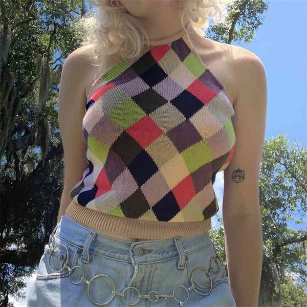 

argyle y2k knit halter crop women fashion summer party backless vintage plaid sleeveless v neck cami streetwear 210510, White