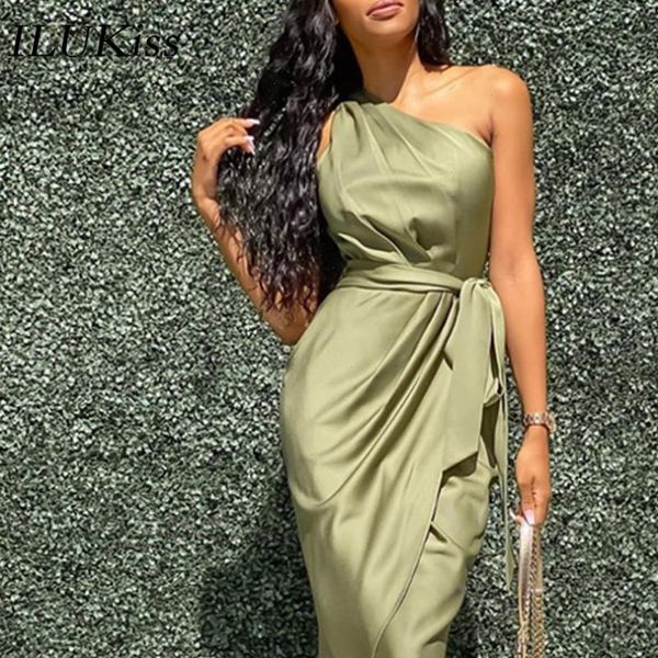 

summer womens dress party sleeveless women fashion slim off shoulder ruched asymmetrical slit green midi dresses elegant vestidos, Black;gray