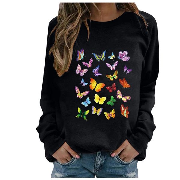 

women's hoodies & sweatshirts butterfly printing women sweetshirts loose casual round neck long sleeve vintage y2k clothes anime pullov, Black