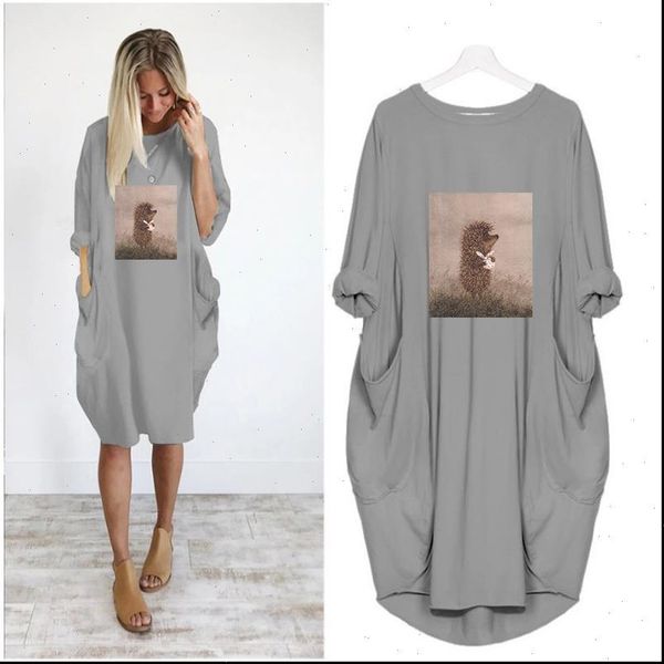 

summer women dresses hedgehog in the fog print cartoon loose clothes plus size mini dress casual mujer fashion, Black;gray