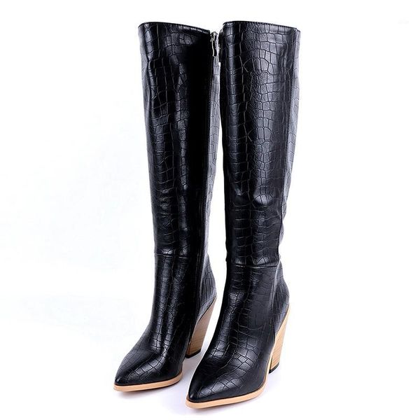 

boots lucyever fashion thick high heels winter women pu leather knee long female side zipper pointed toe shoes woman1, Black