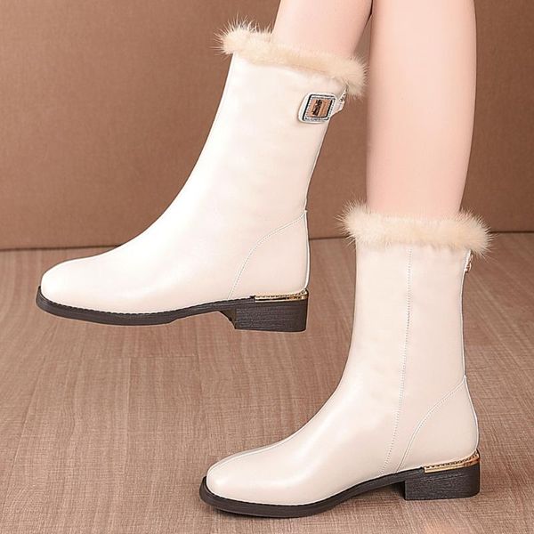 

boots women's genuine leather metal buckle back zip mid-calf warm plush half winter round toe casual soft comfort shoes, Black