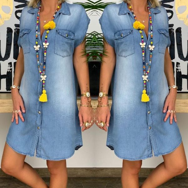 

casual dresses jeans women summer dress short sleeve solid denim sundress turn down collar mini party ol lady, Black;gray