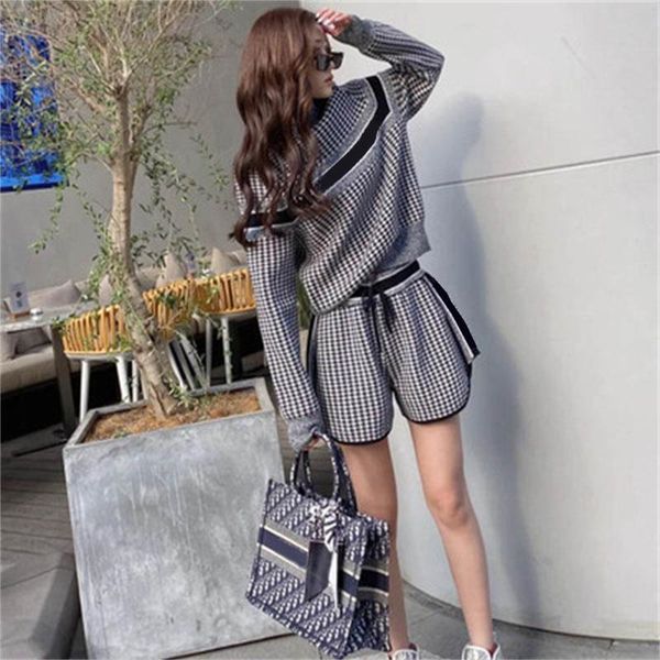 

women's tracksuits two piece set women houndstooth knit shorts suit fashion western style age reduction tide letter jacquard sweater ro, Gray