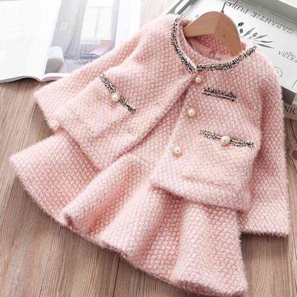 

girl winter suits kid's warm clothes child princess dress+coat 2 piece sets 1-3-6years baby outfits for kids girls 210529, White