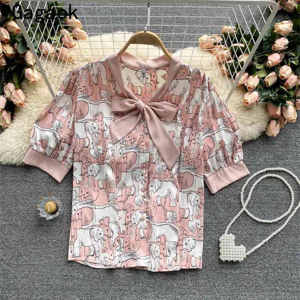 

women blouse summer bow puff sleeve cartoon print shirts sweet loose casual fashion korean wild blouses 210531, White