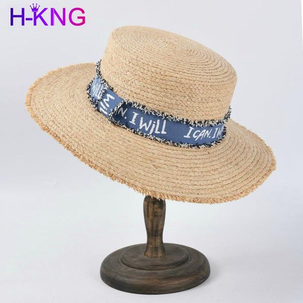 

summer panama raffia ladies hat casual cowboy letter strip flat sun sunscreen beach wide brim hats, Blue;gray