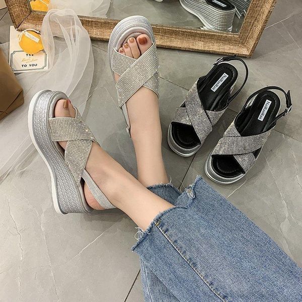 

brand women sandals 2021 fashion crystal ladies casual shoes women's wedges buckle strap platform summer, Black