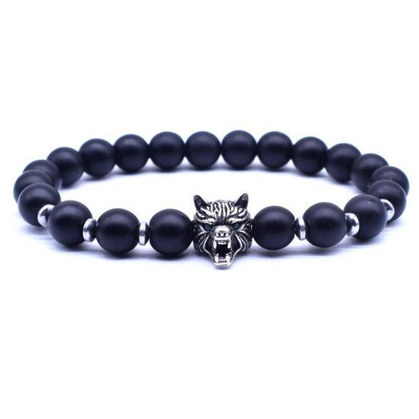 

charm bracelets 2021 men jewelry green eye wolf head bracelet 8mm black stone with hematite beads for armband heren, Golden;silver