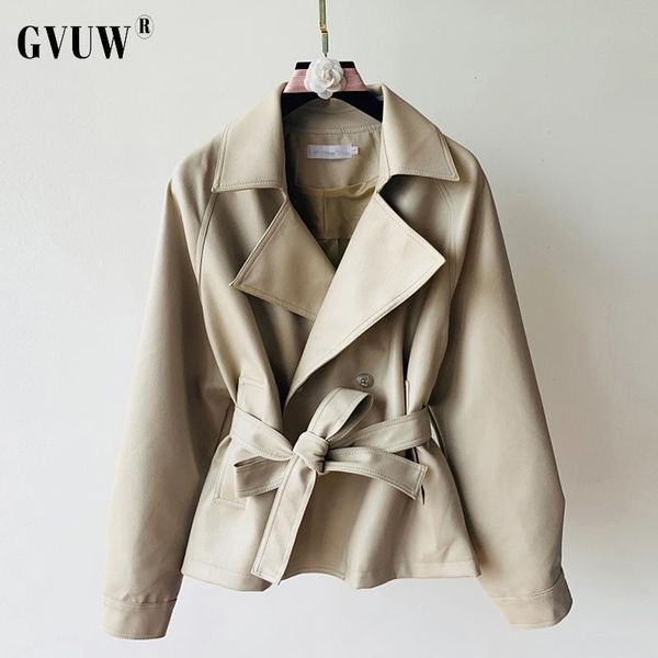 

women's leather & faux [gvuw] 2021 spring autumn korean loose waist pu medium length fur coat for belt laple collar women ariival kb172, Black