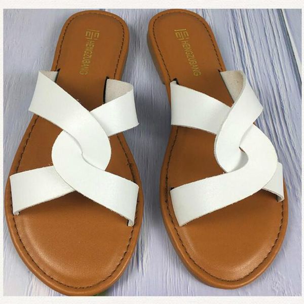 

flat summer slippers leather comfortable sole cross solid woman shoes for outside fashion design good quality female slides, Black