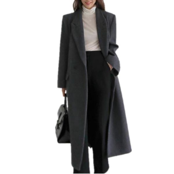 

women's wool & blends arrival winter gray x-long ol woolen overcoat women double breasted office lady outwear, Black