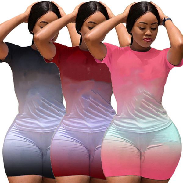 

summer women jogger suits plus size 2xl outfits gradient tracksuits short sleeve t-shirts+shorts two pieces set sportswear casual letters sw, Gray